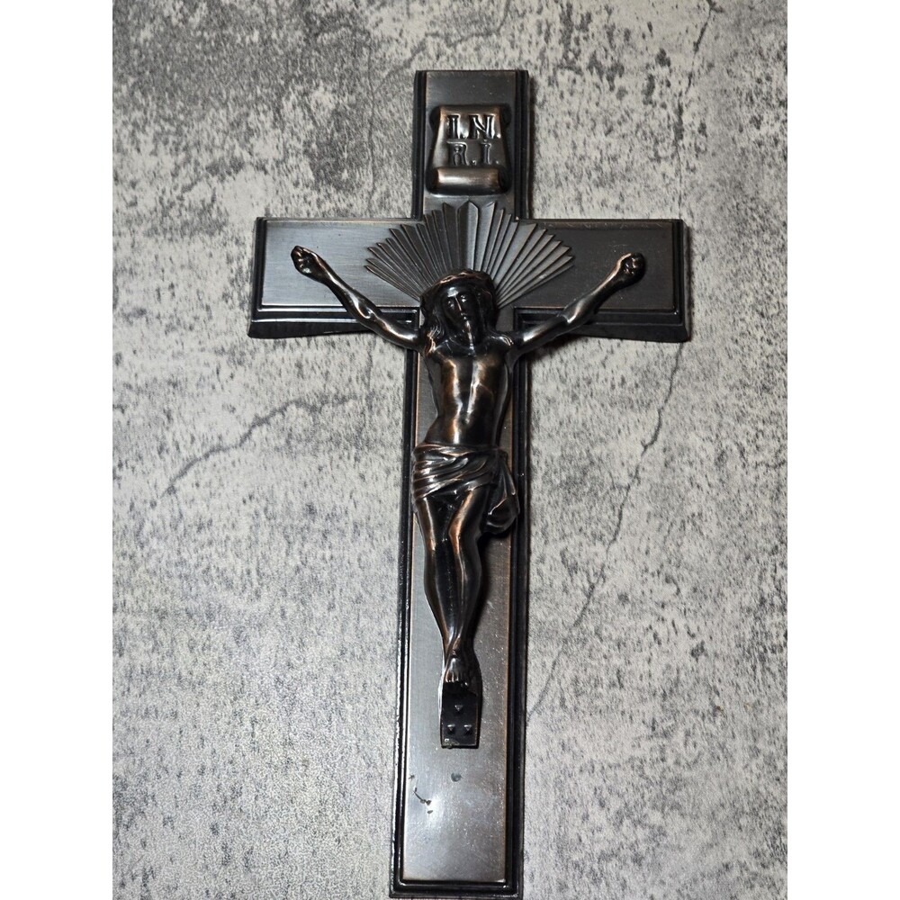 Vintage Dark Bronze Metal Crucifix INRI Jesus 9.5x6” Religious Christian Gifts
